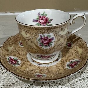 Retired Devonshire Lace Bone China Teacup and Saucer - Pink Rose